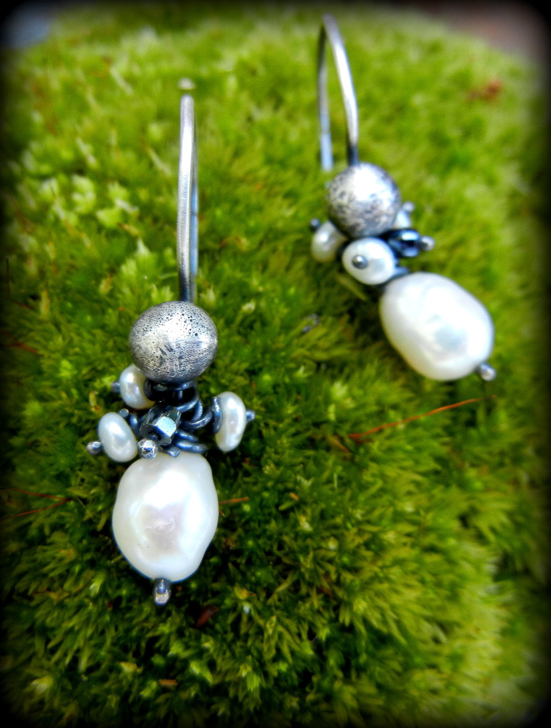 Pebble Earrings, Sterling and Pearl