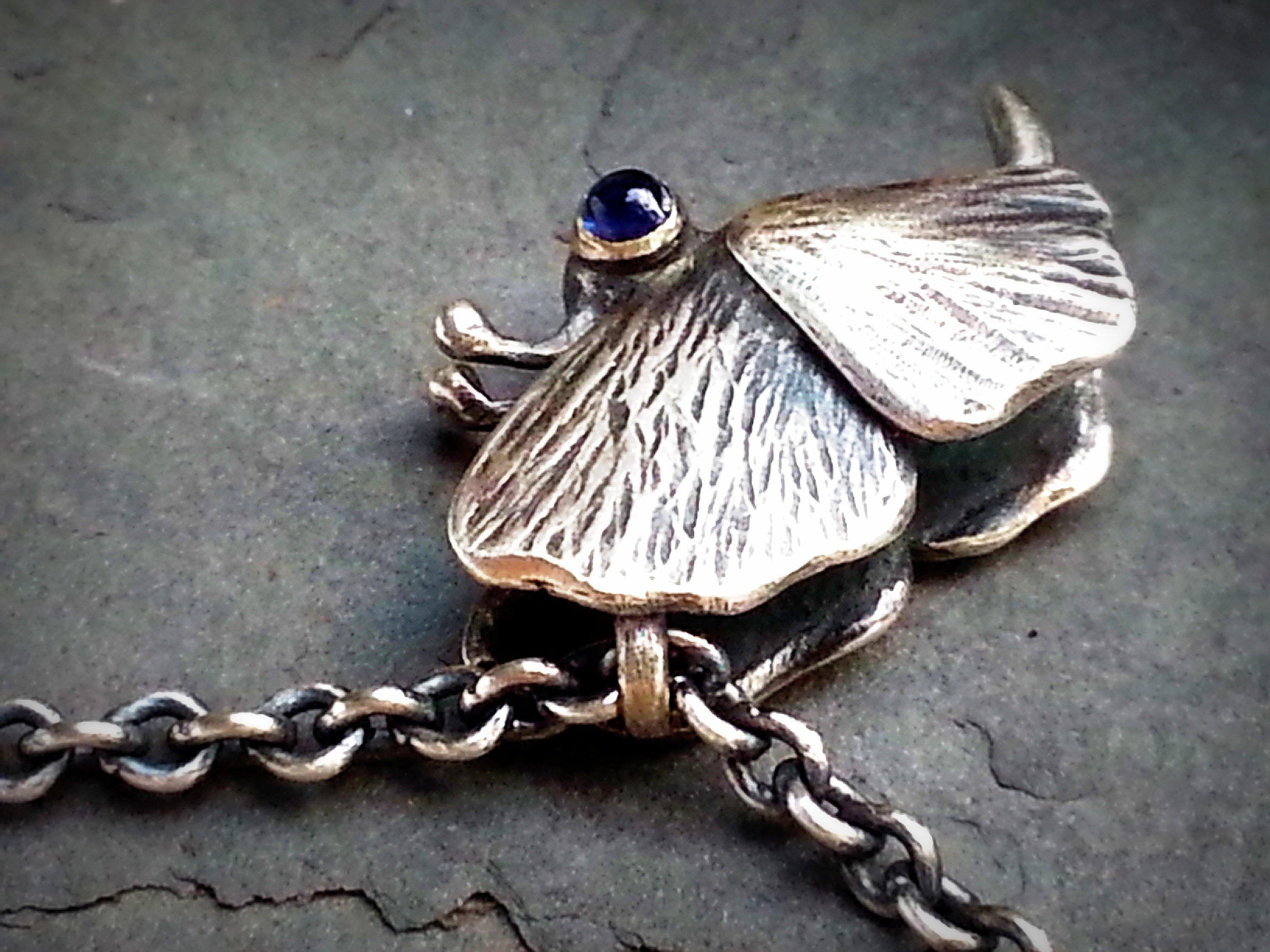 Sterling Silver Sapphire Moth Insect Amulet Necklace