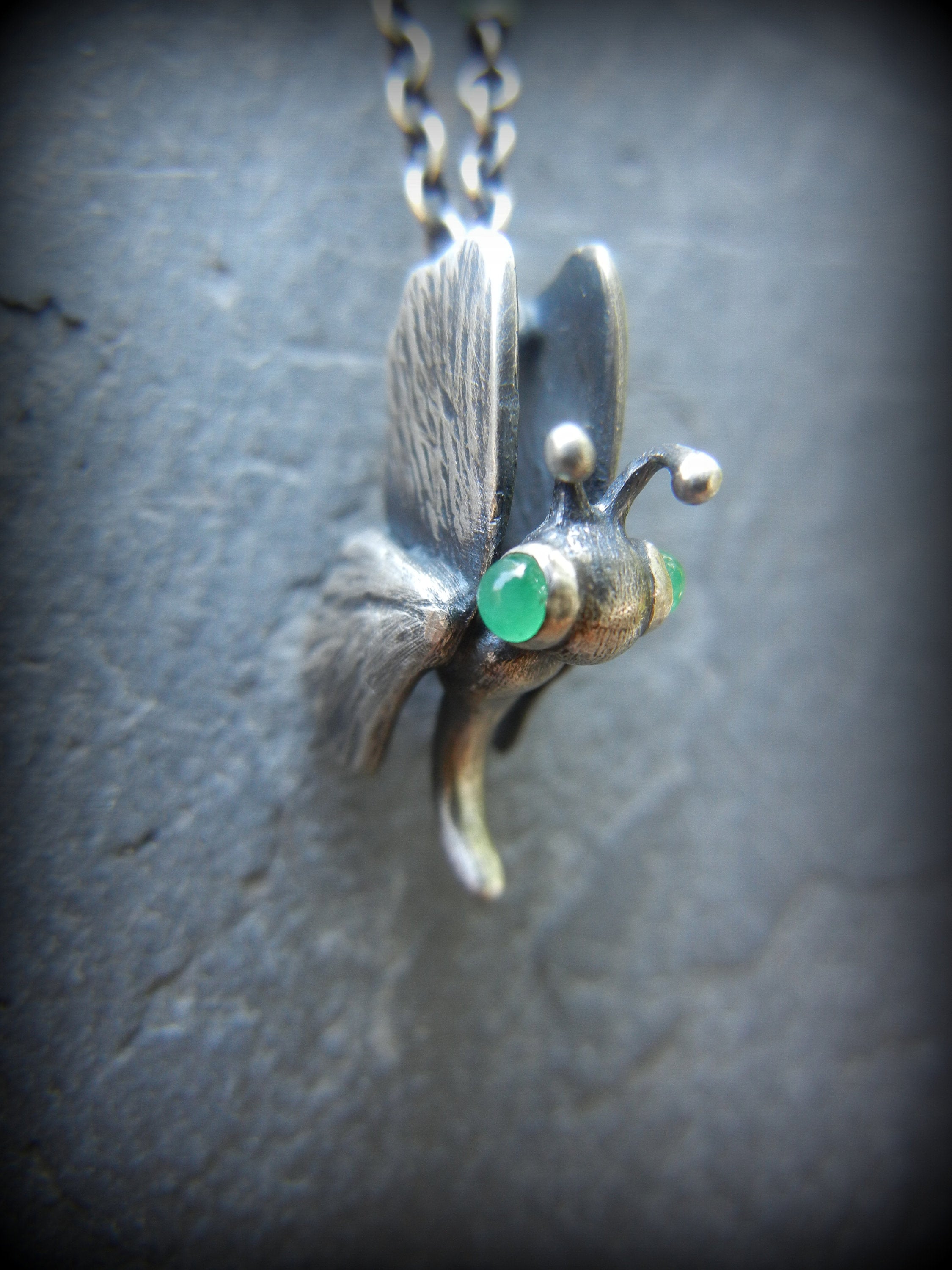 Sterling Silver Emerald Moth Insect Amulet Necklace
