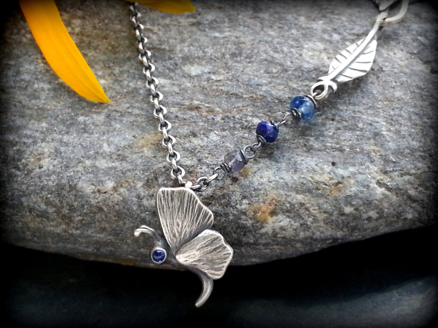 Sterling Silver Sapphire Moth Insect Amulet Necklace
