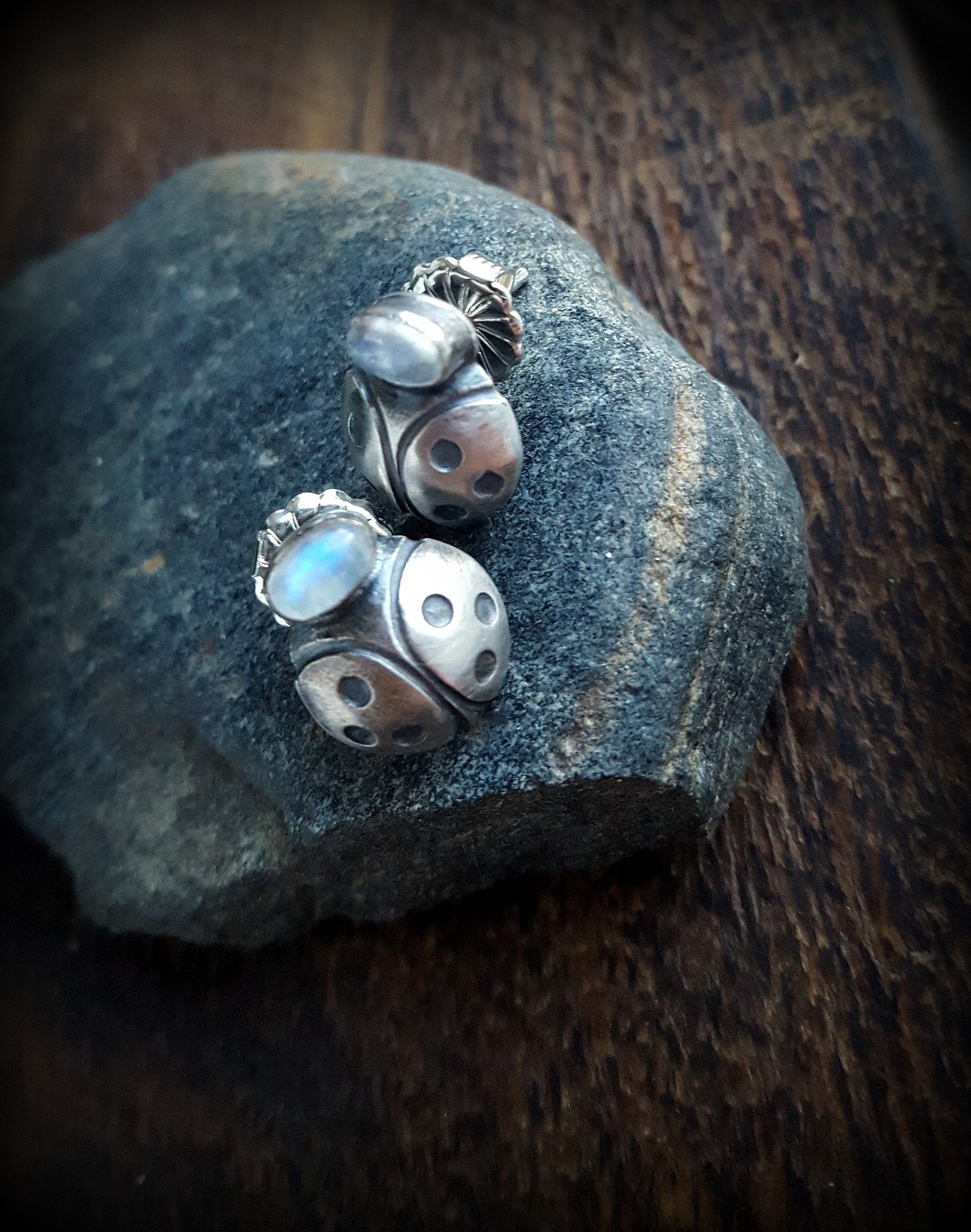 Moonstone Ladybug Earrings, Antiqued Sterling