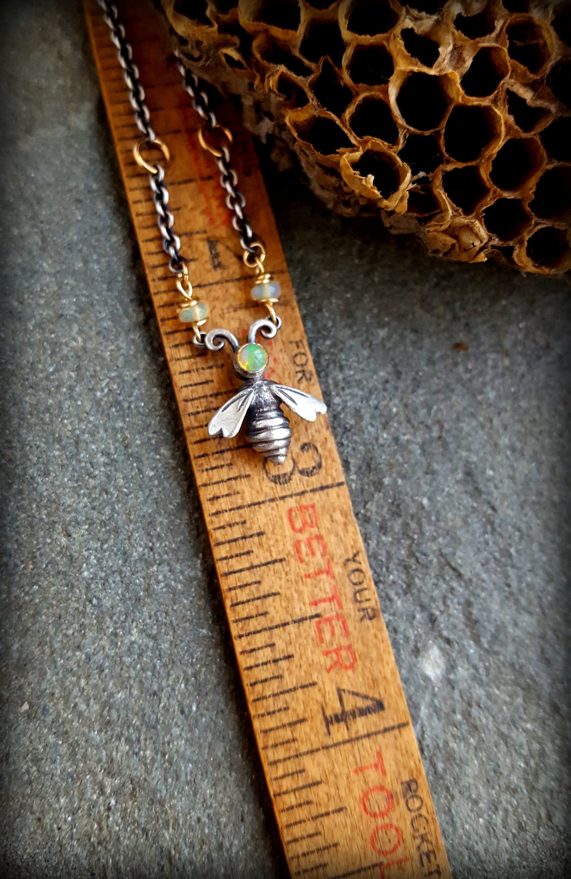 Sterling Petite Queen Bee Necklace, Welo Opal Bee Necklace
