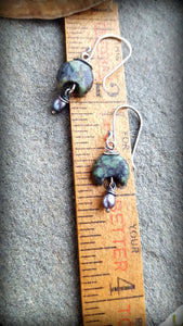 Green African Turquoise and Grey Pearl Earrings, Forest Moss Crescent Earrings