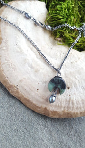 Forest Moss Crescent Necklace, Grey Pearl & Green African Turquoise