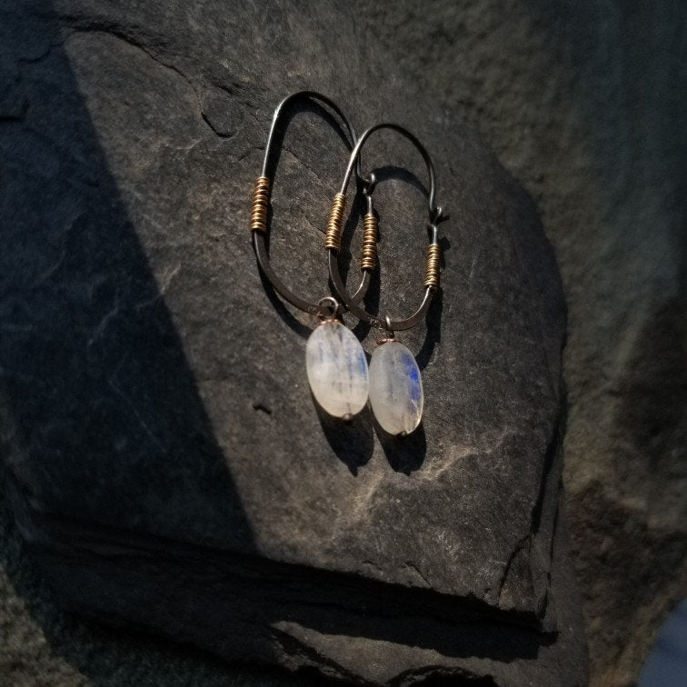 Mixed Metal Delicate Oblong Hoop Earrings with Faceted Moonstone
