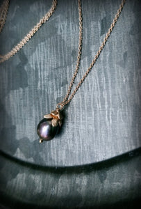 14k Gold Black Dahlia Aubergine Pearl Bud Necklace