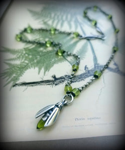 Beaded Gemstone Firefly Necklace, Leaves Clasp, antiqued Sterling