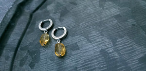 Huggie Hoop Earrings with Citrine Nuggets, Oxidized Sterling