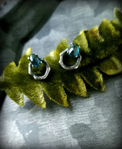 Silver Vine Earrings, Moss Aquamarine Vine "Doorknocker" Studs