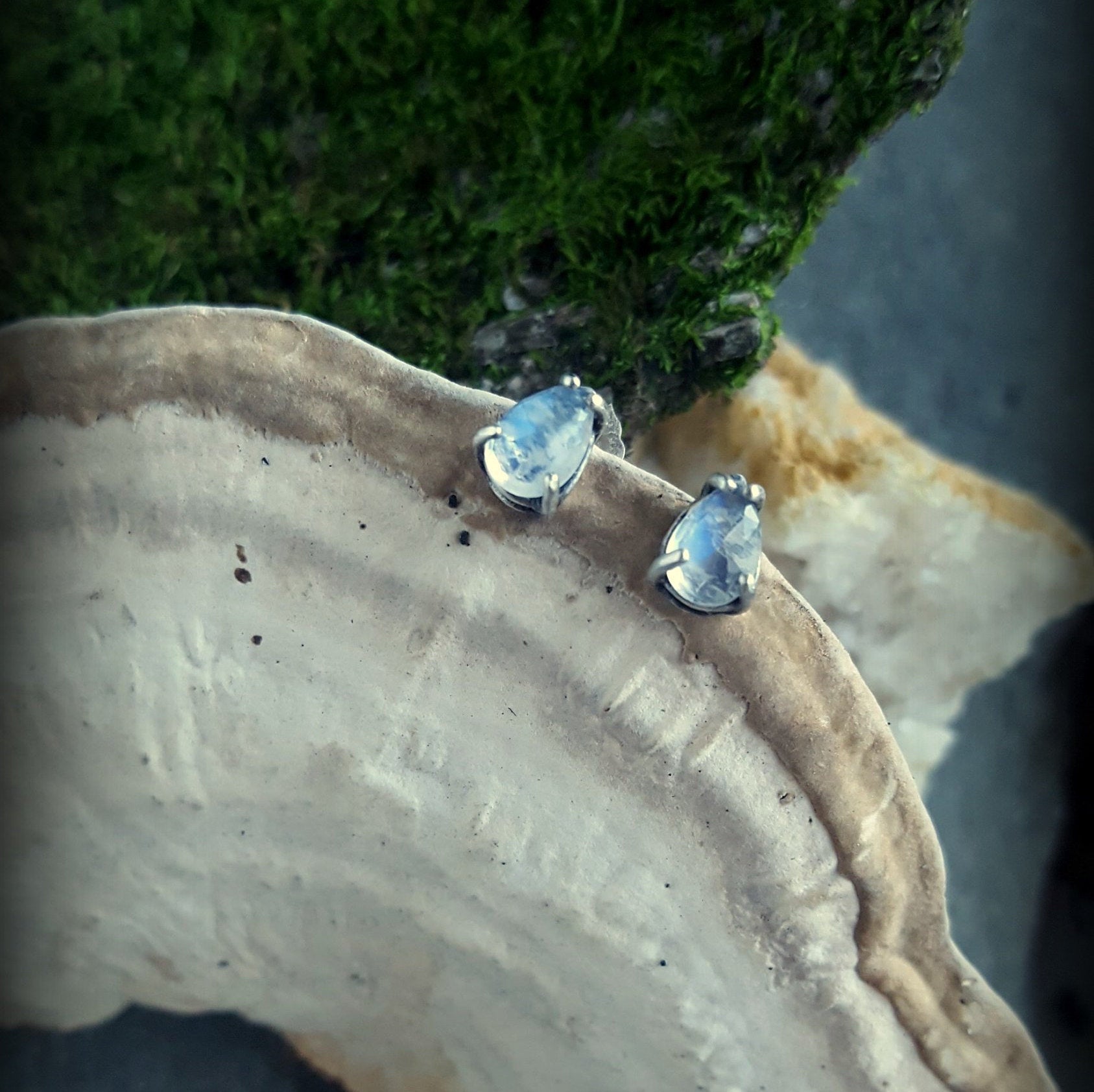 Faceted Moonstone and Sterling Stud Earrings