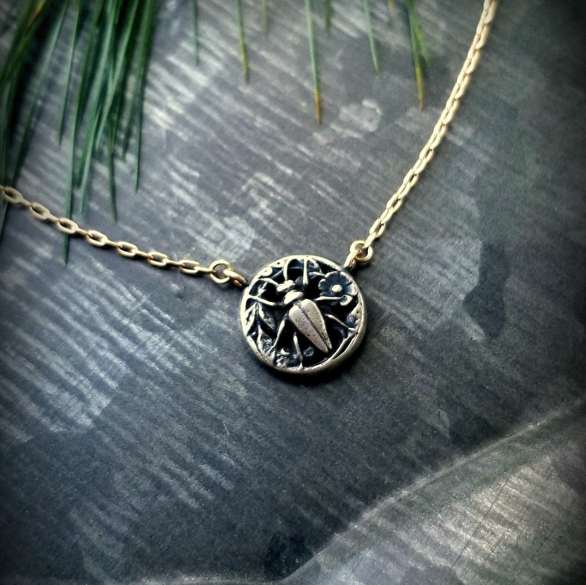 Midnight Garden Silver and Gold Insect Medallion Necklace