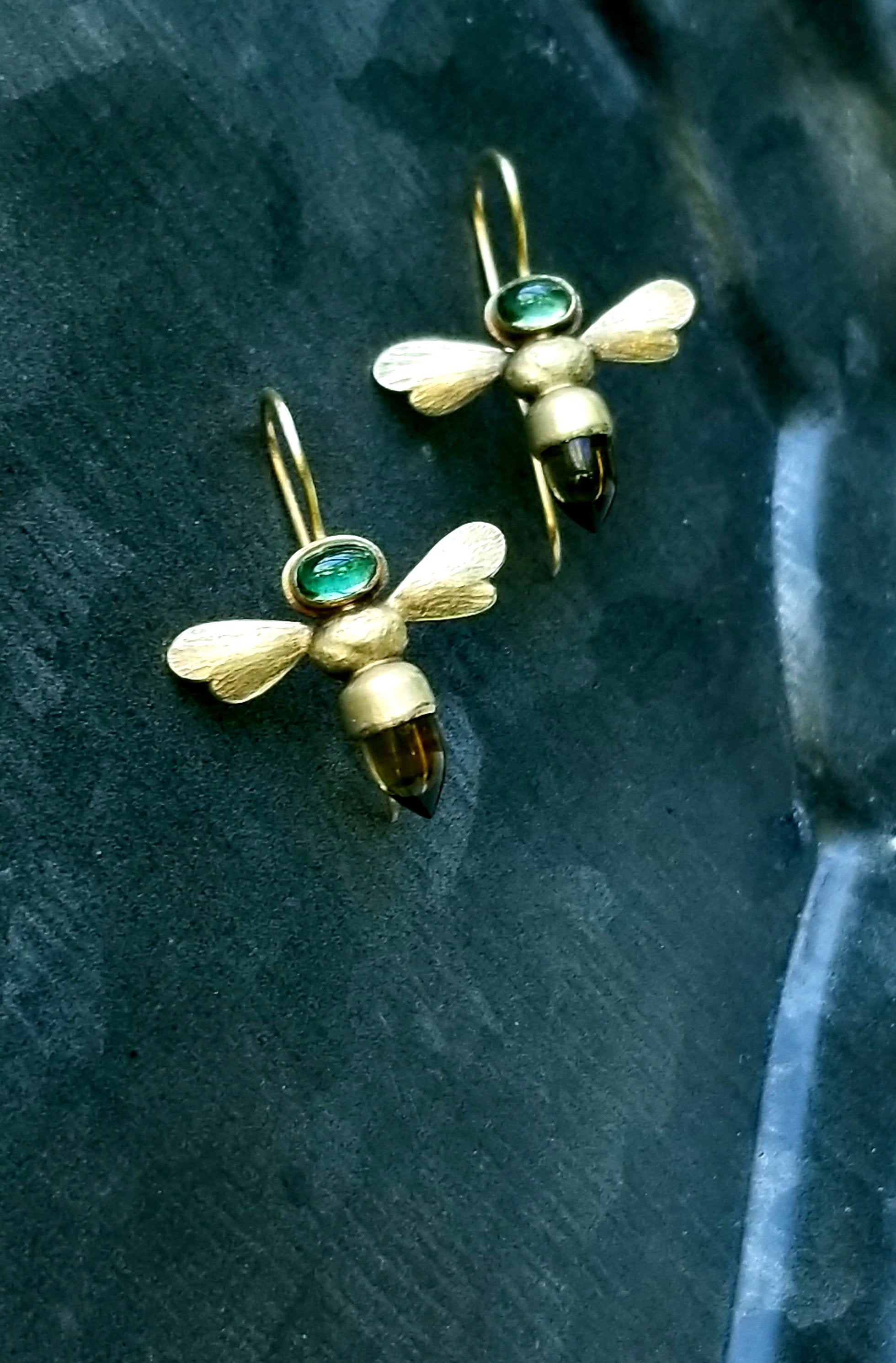 18k Gold, Tourmaline and Citrine Honey Bee Earrings