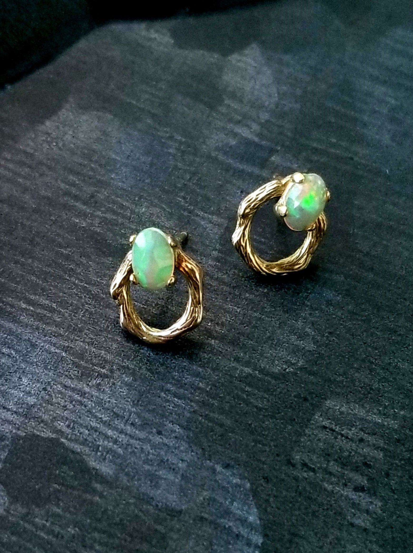 Opal and 14k Gold Doorknocker Stud Earrings