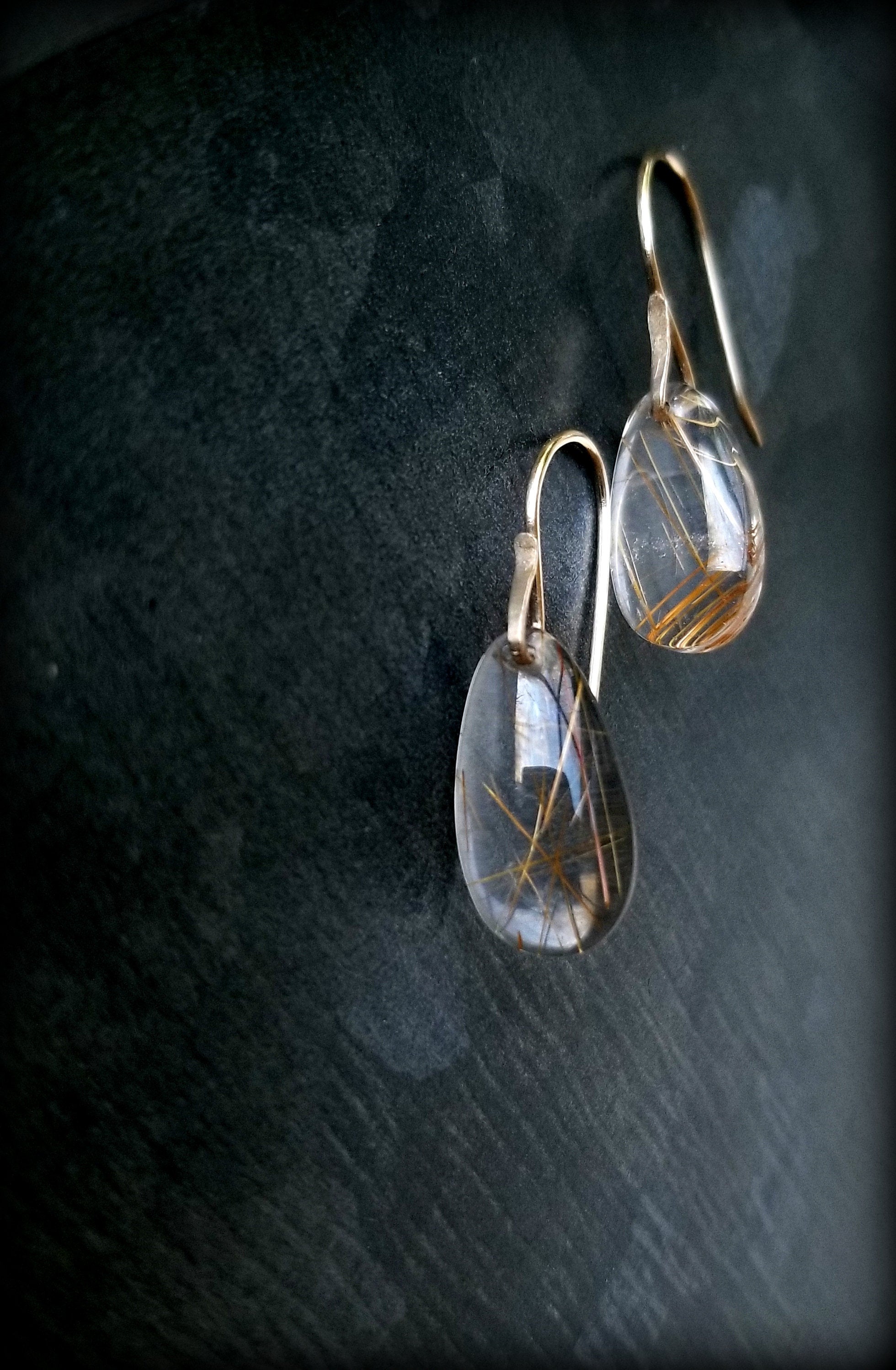 Rutilated Quartz, Golden Grasses Earrings, 14k Gold