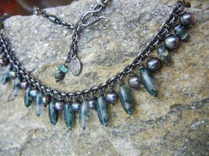 Forest Fringe Necklace of Sterling, Moss Agate & Grey Pearl