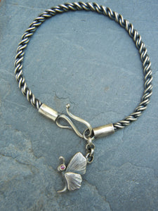 Sterling Silver Moth Bracelet on Twisted Rope with Gemstone Eyes