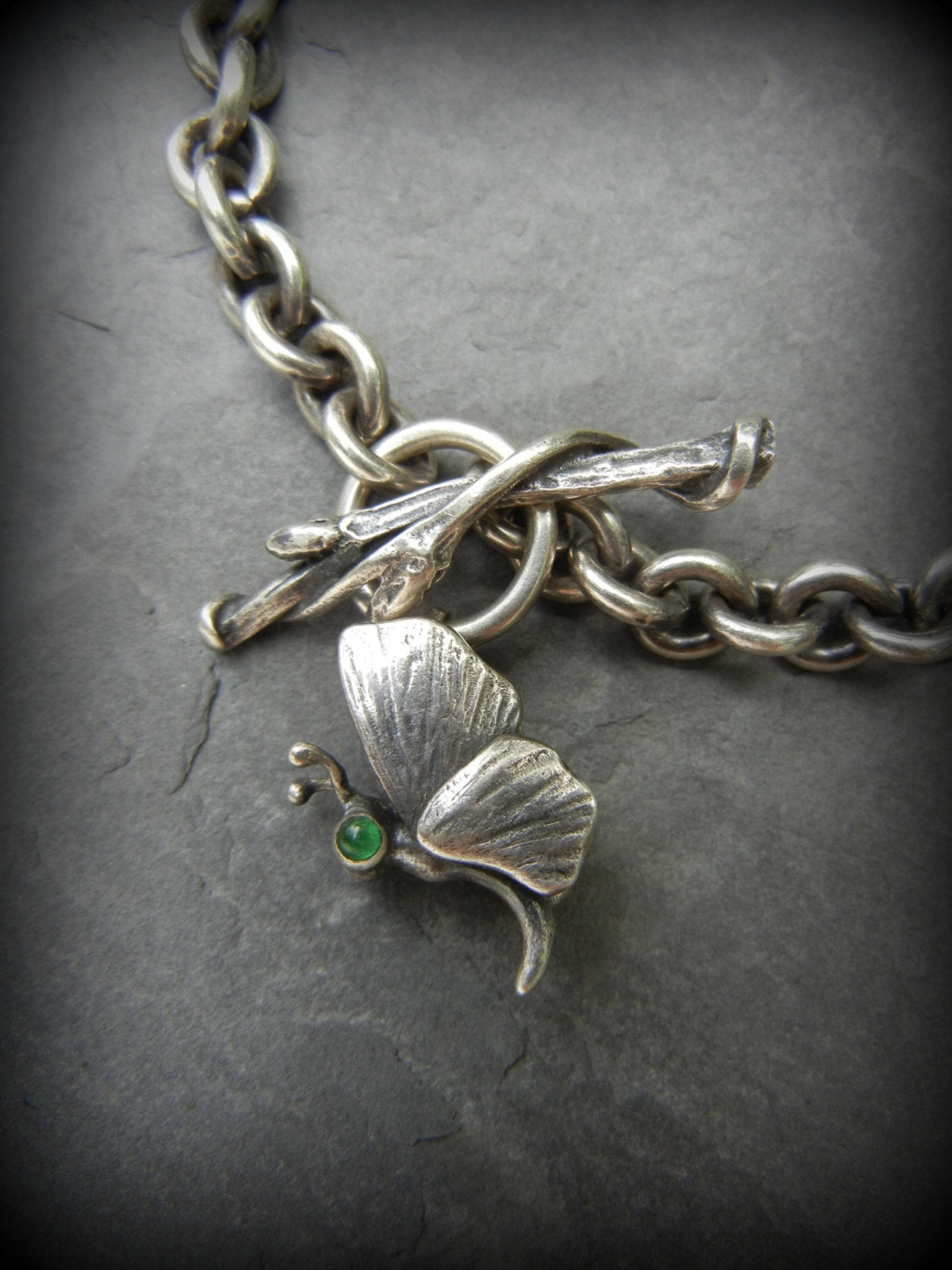 Sterling Silver Moth, Twig Clasp, Cable Chain Charm Bracelet