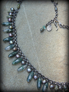 Forest Fringe Necklace of Sterling, Moss Agate & Grey Pearl