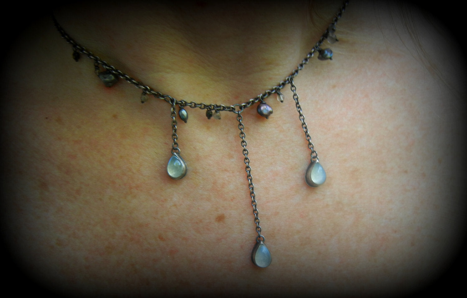 Moonstone Raindrop Bib Necklace, Grey FW Pearls, Faceted Bead Clasp