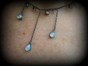 Moonstone Raindrop Bib Necklace, Grey FW Pearls, Faceted Bead Clasp