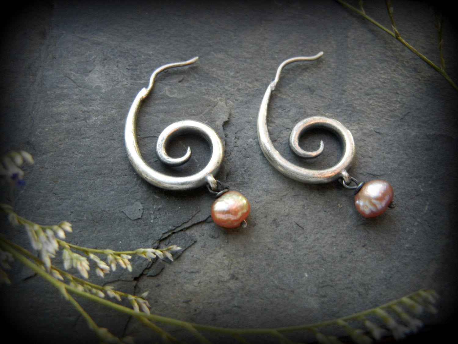 Tapered Spiral Hoops with Freshwater Pearls, Sterling