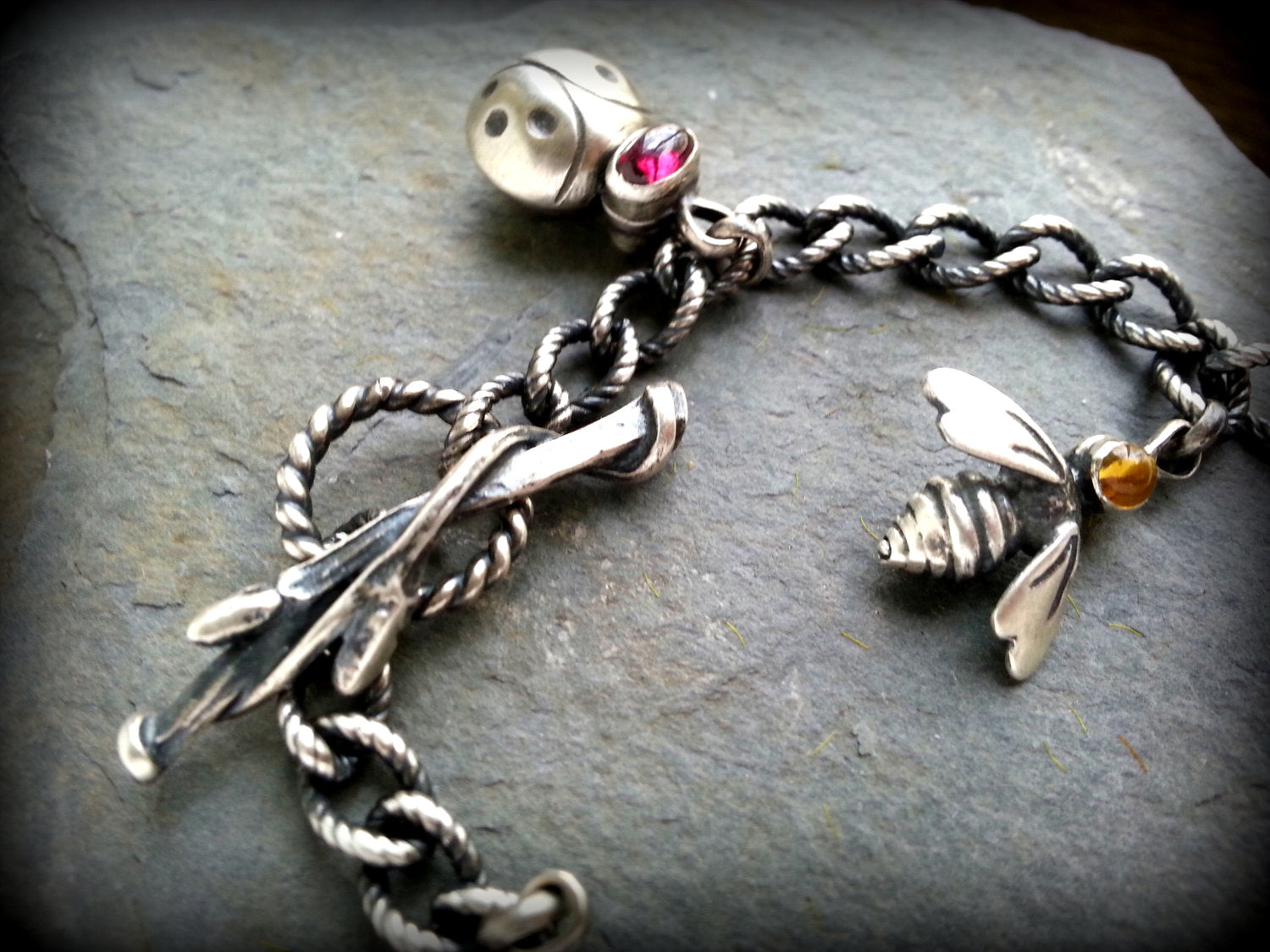 Multi Insect Nature Charm Bracelet, Sterling with Gemstones