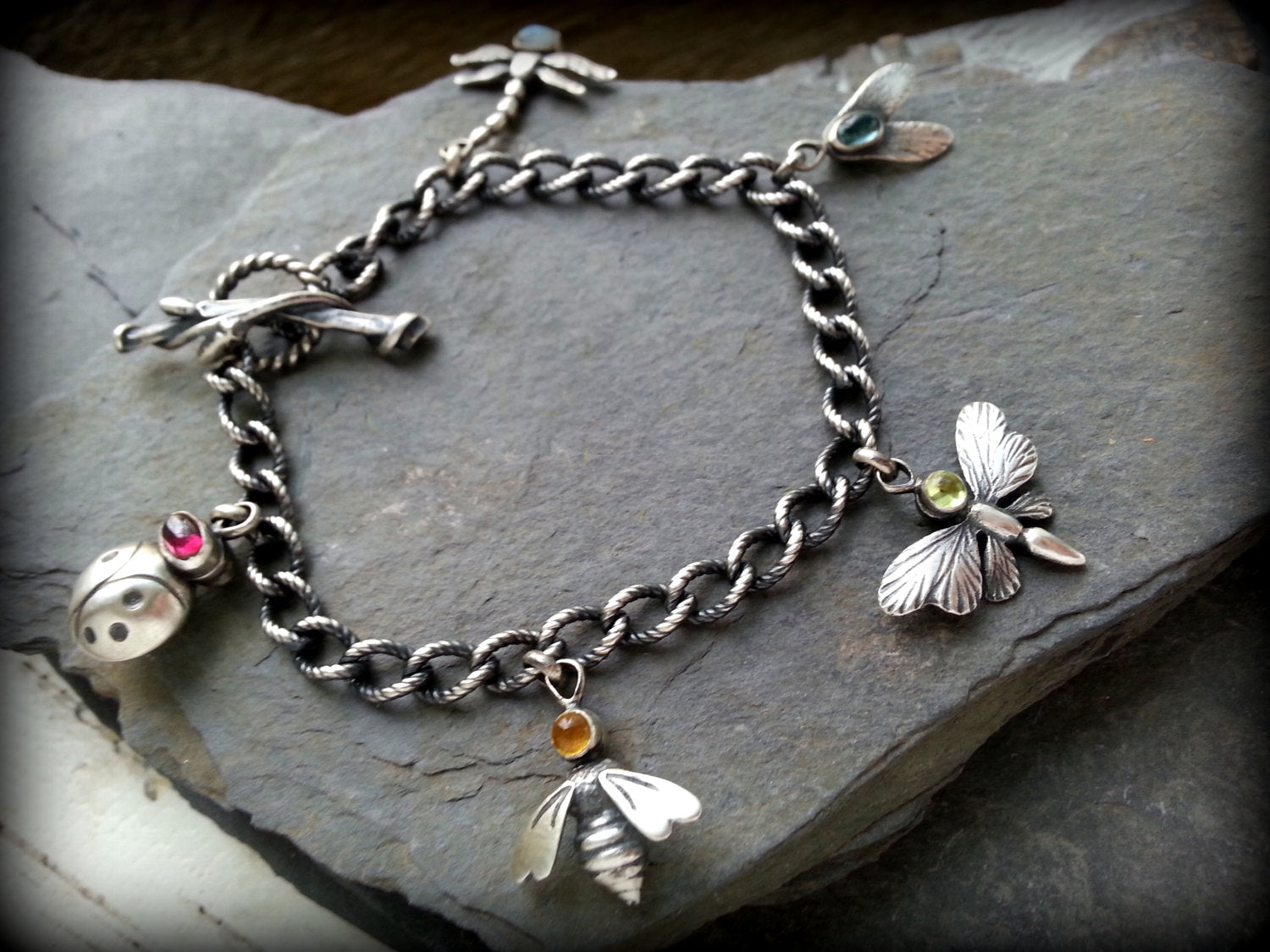 Sterling and Gemstone Multi-Insect Nature Charm Bracelet, Twig Toggle
