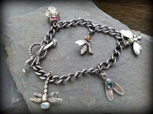 Sterling and Gemstone Multi-Insect Nature Charm Bracelet, Twig Toggle