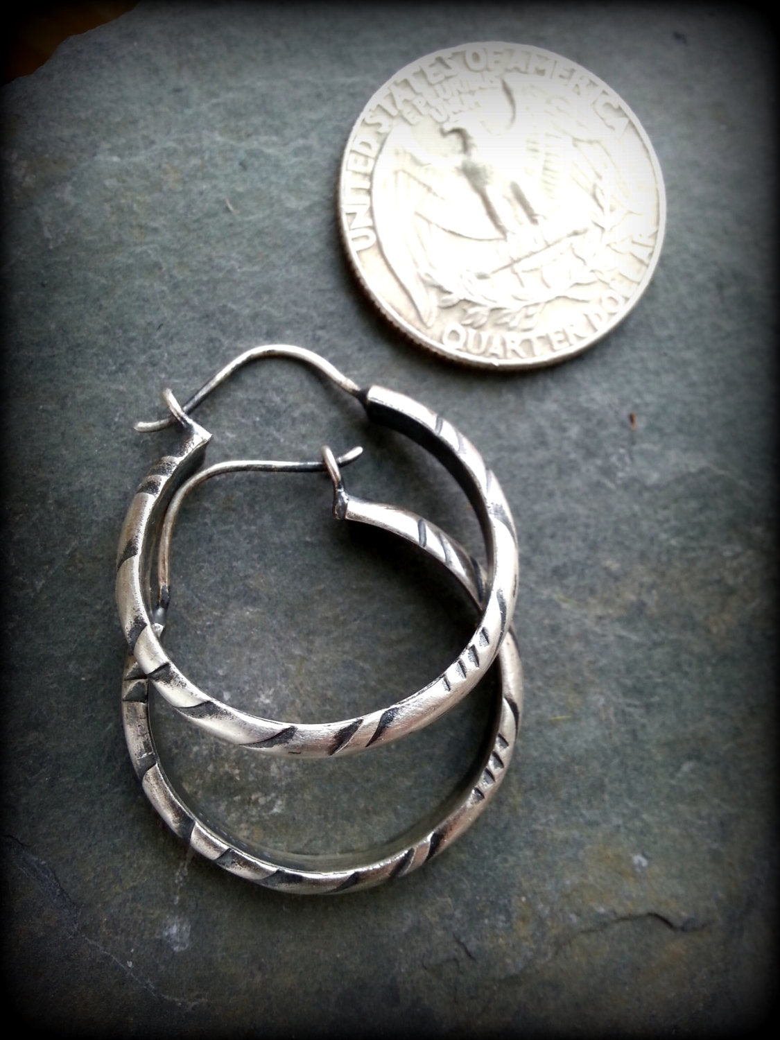 Oxidized Carved Silver Hoop Earrings