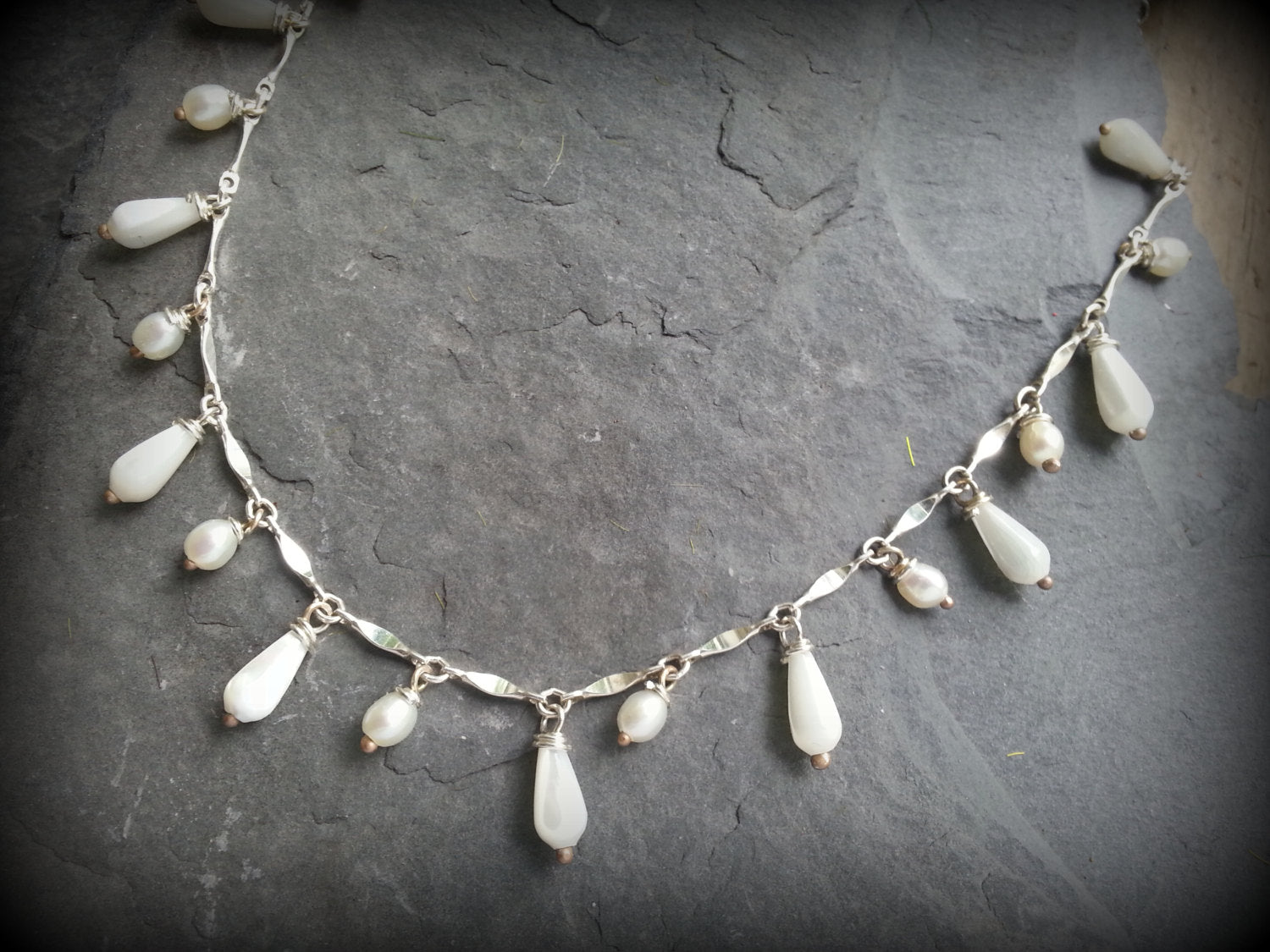 Mother of Pearl Fringe Necklace, oxidized Sterling
