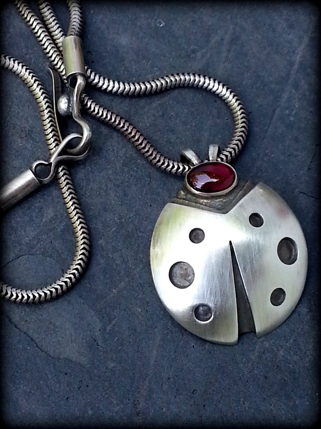 Large Sterling and Garnet Ladybug Amulet Necklace -  Good Luck Charm