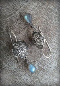 Manhole Cover Earrings with Faceted Labradorite Briolettes, Sterling