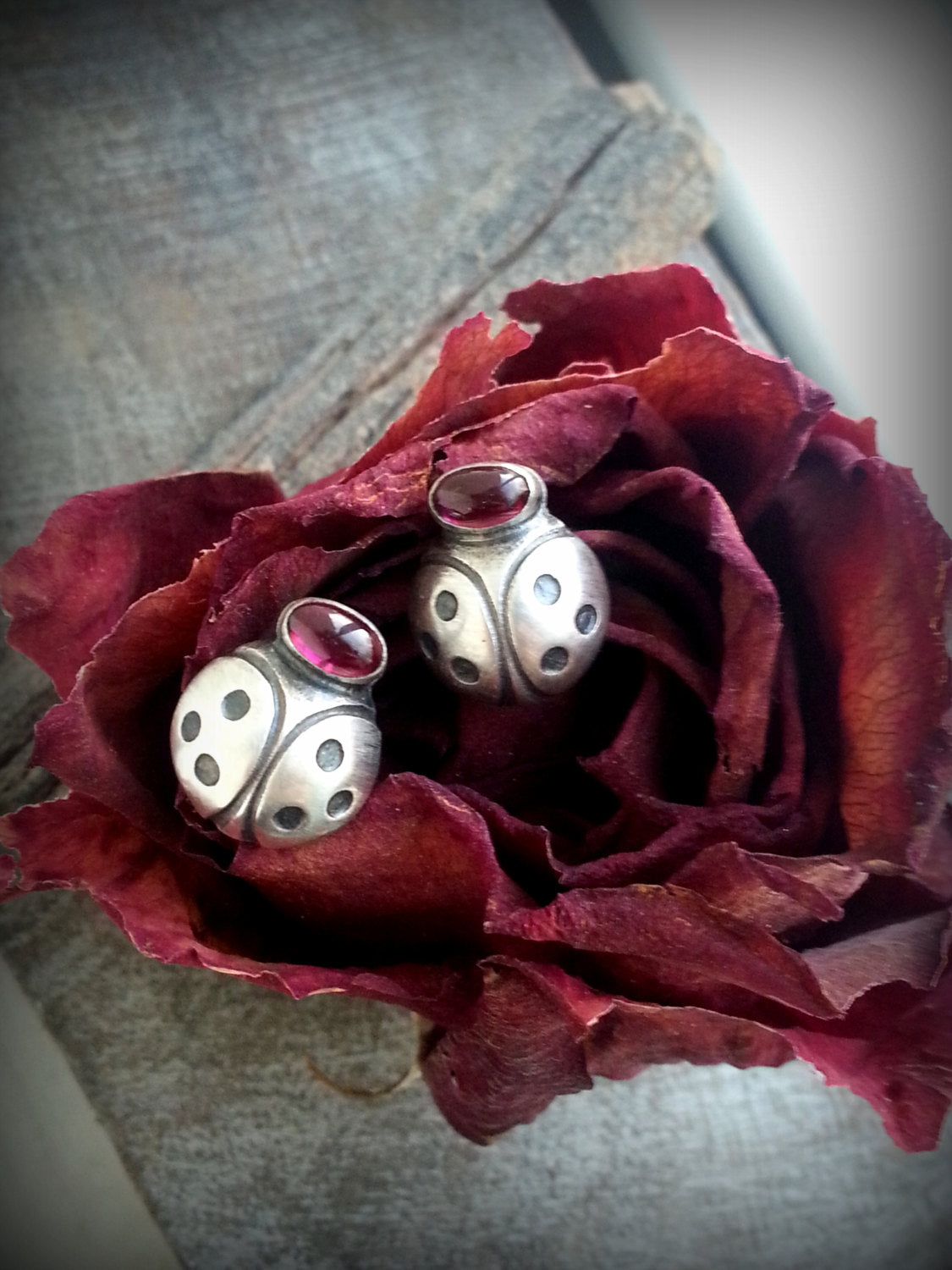 Ladybug Earrings, Sterling with Gemstone