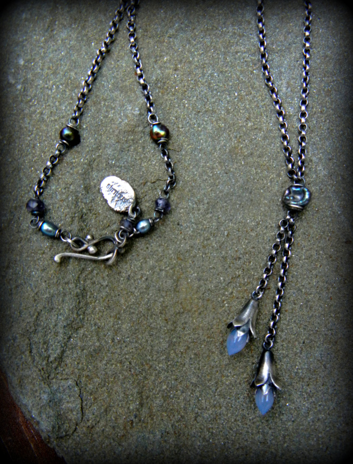 Sterling Floral Lariat Necklace, Gemstones, Pearl