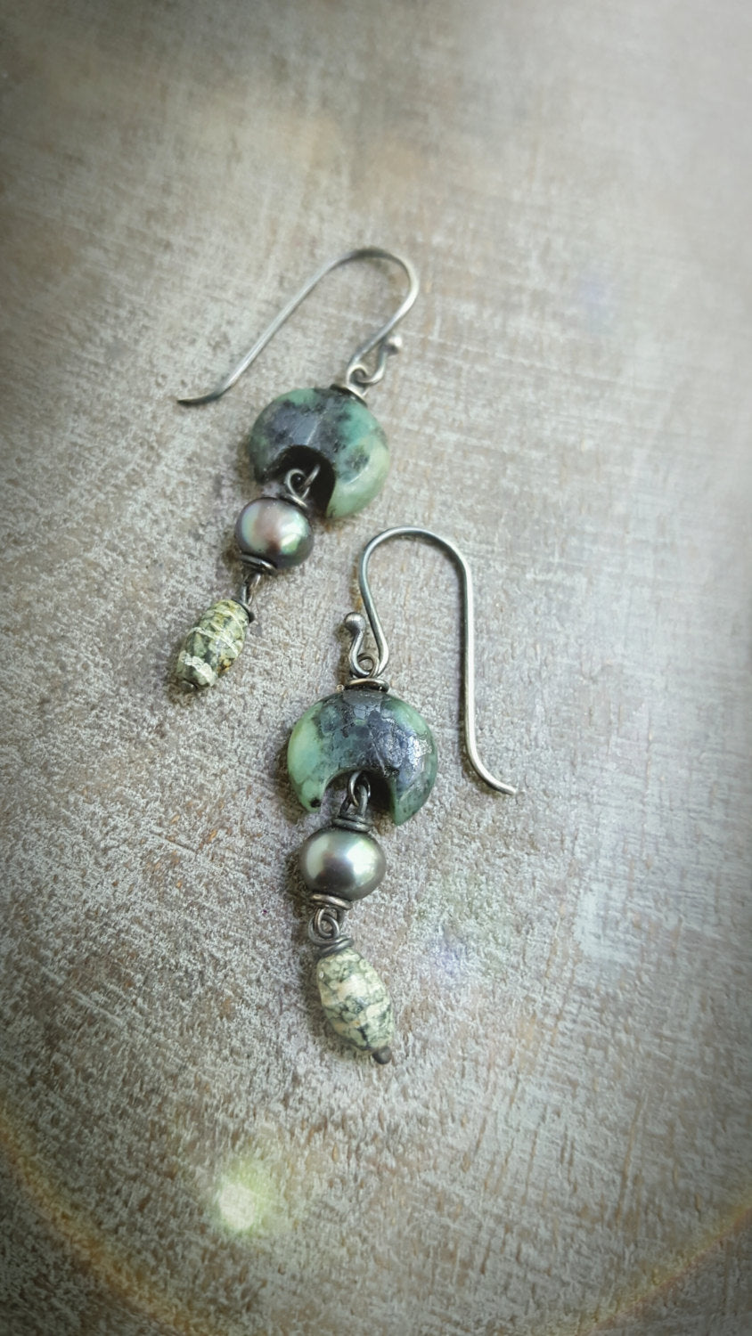 Forest Moss African Turquoise Crescent Earrings, Zebra Jasper and Grey Pearls