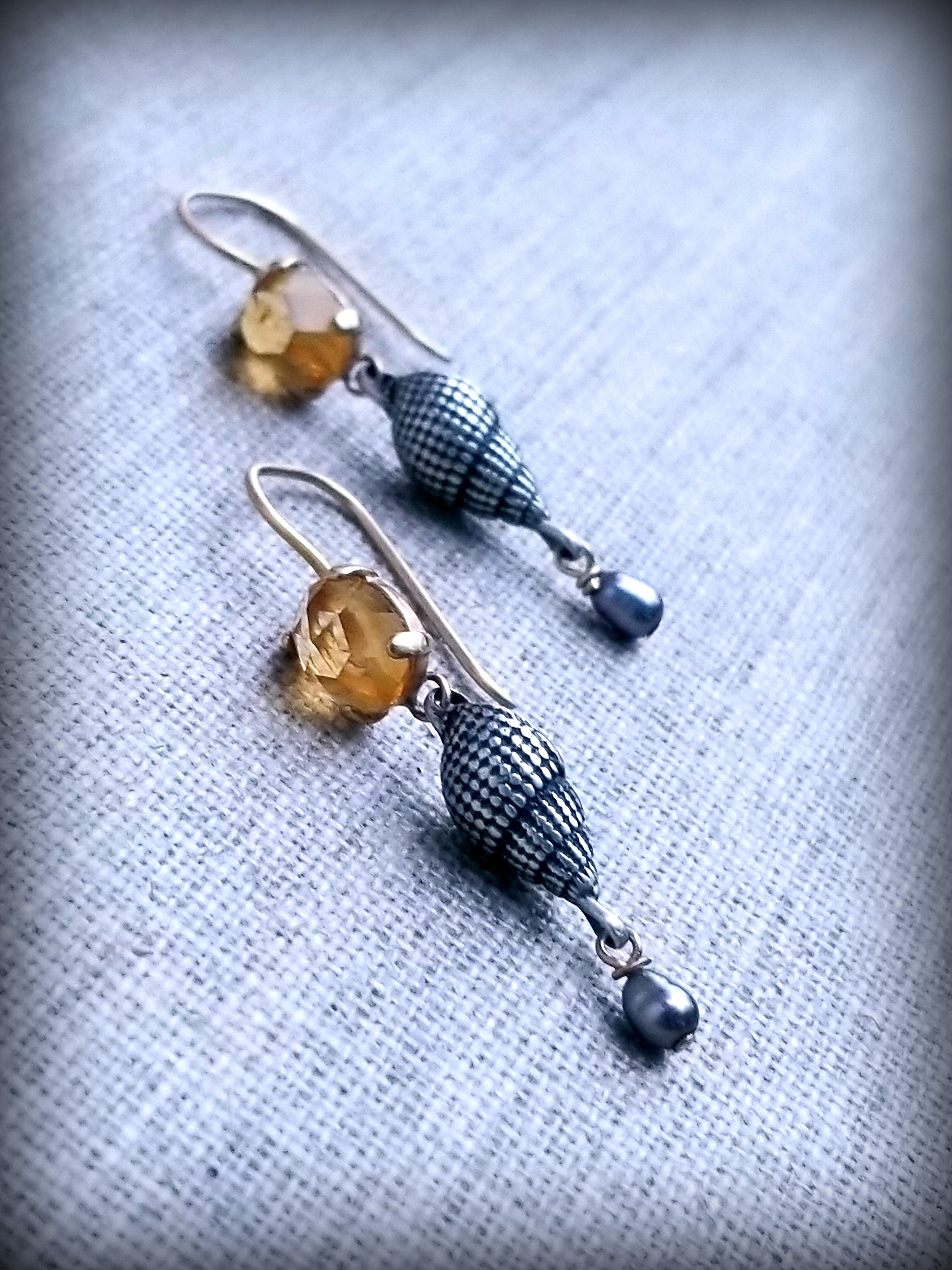 Ocean Charm Earrings, 14k and Sterling, Citrine, Grey Pearl