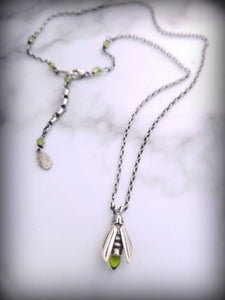 Sterling Silver Peridot Firefly on Beaded Chain Necklace