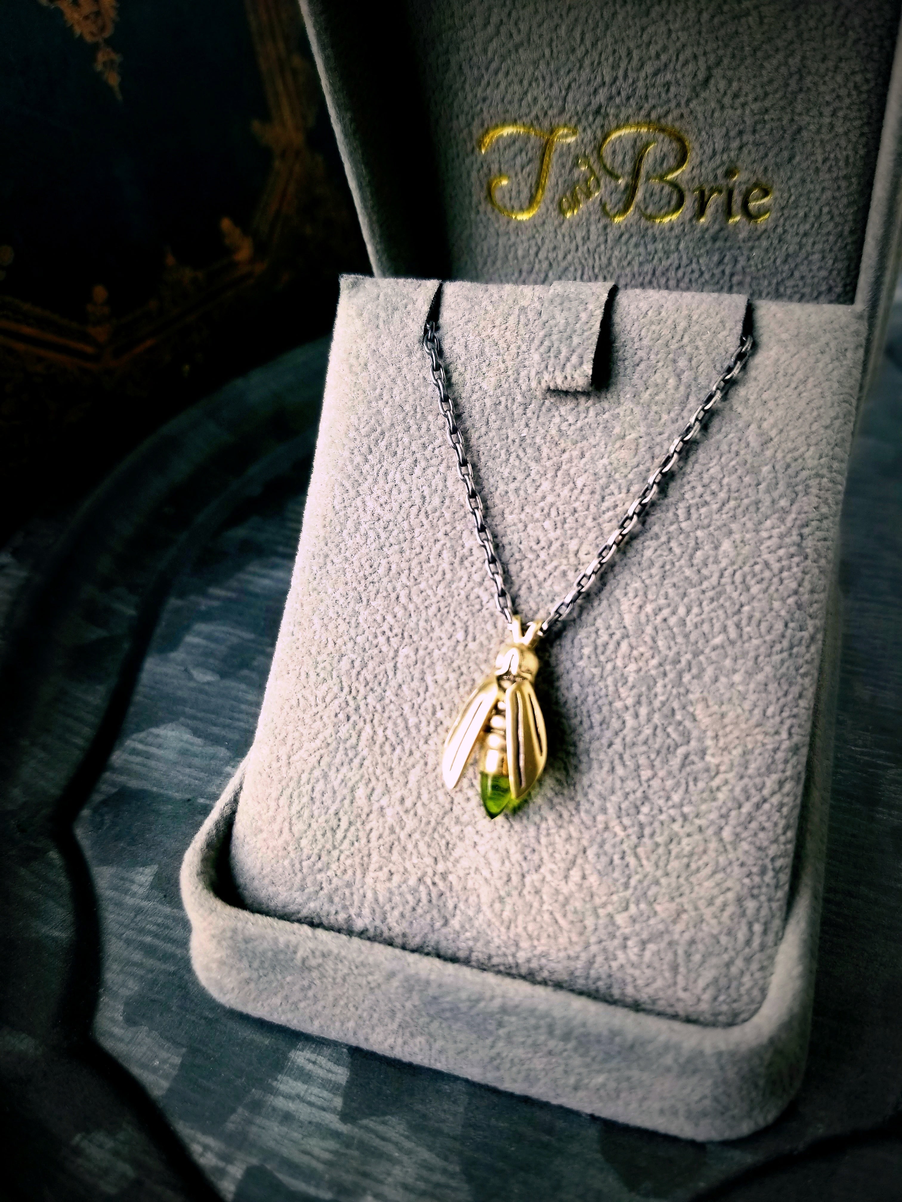 14k Gold Firefly Necklace on Antique Sterling Silver Chain