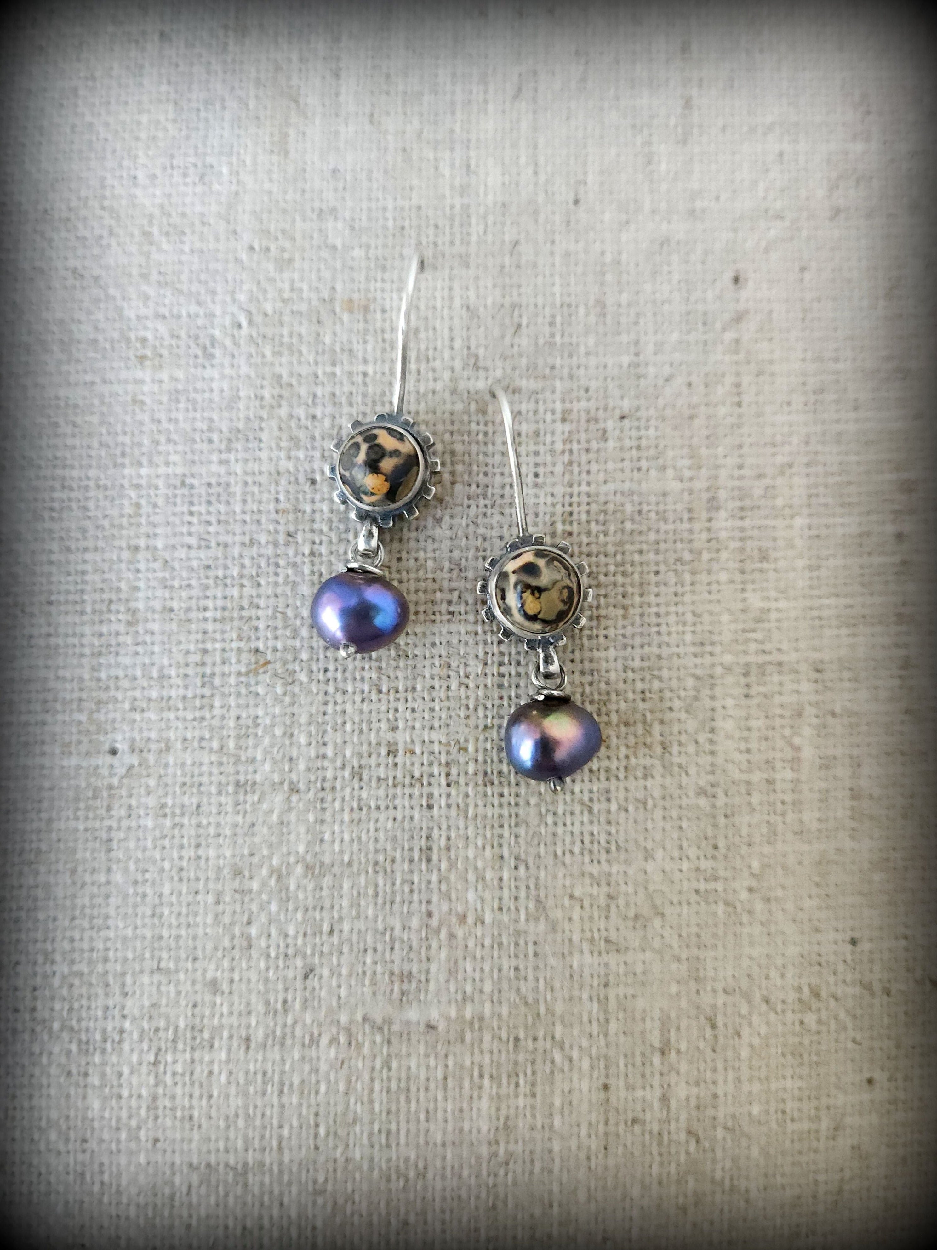 petite gear earrings, leopardskin jasper, grey pearls