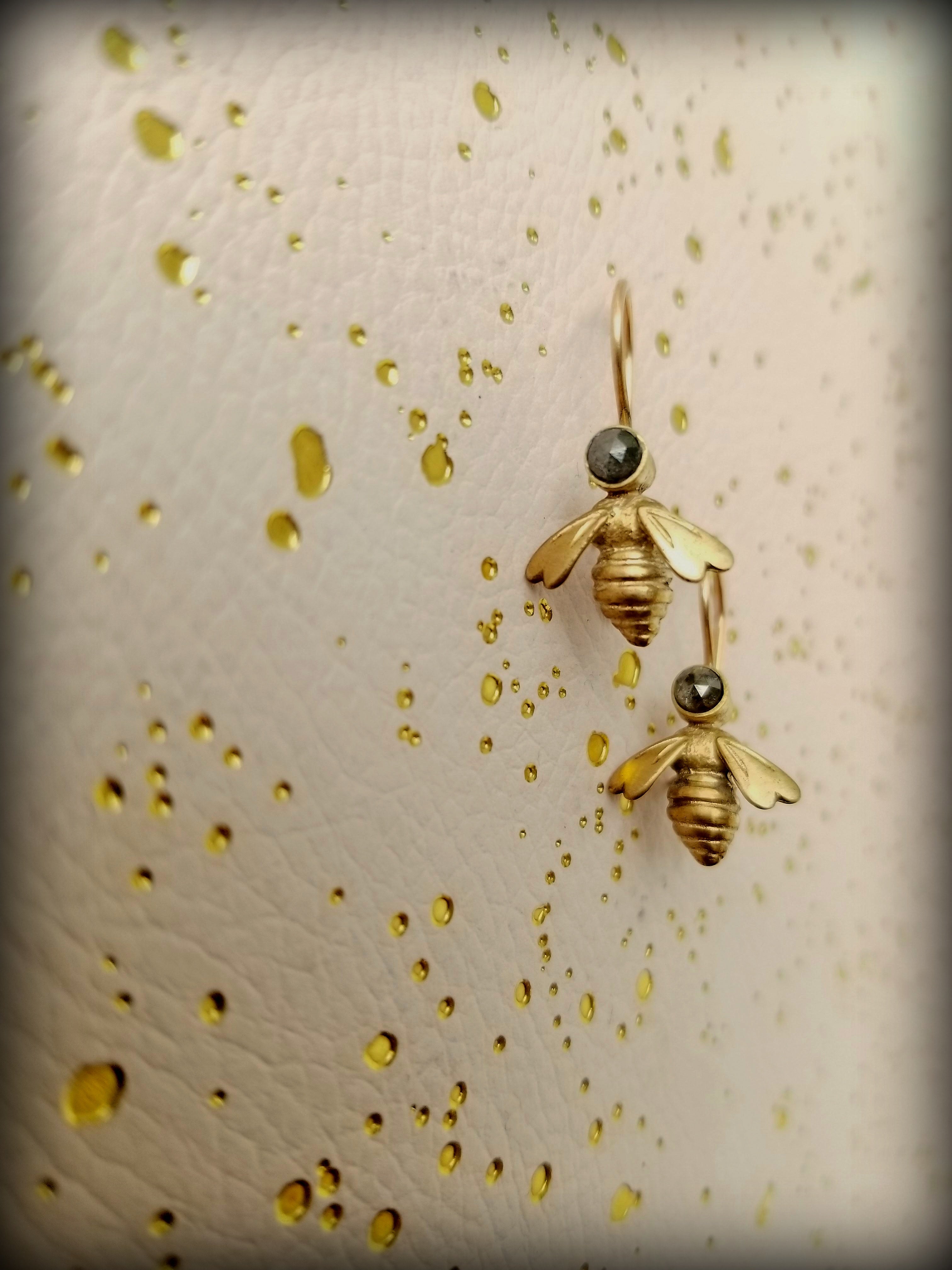 14k Gold Petite Queen Bee Earrings set with Salt and Pepper Diamonds