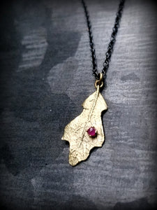 14k Gold Scarlet Oak Amulet on Dark Sterling Chain