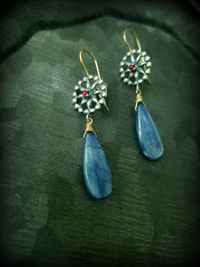 Ruby Star Medallions with Kyanite Drops, Sterling and 14k Gold, July Birthstone