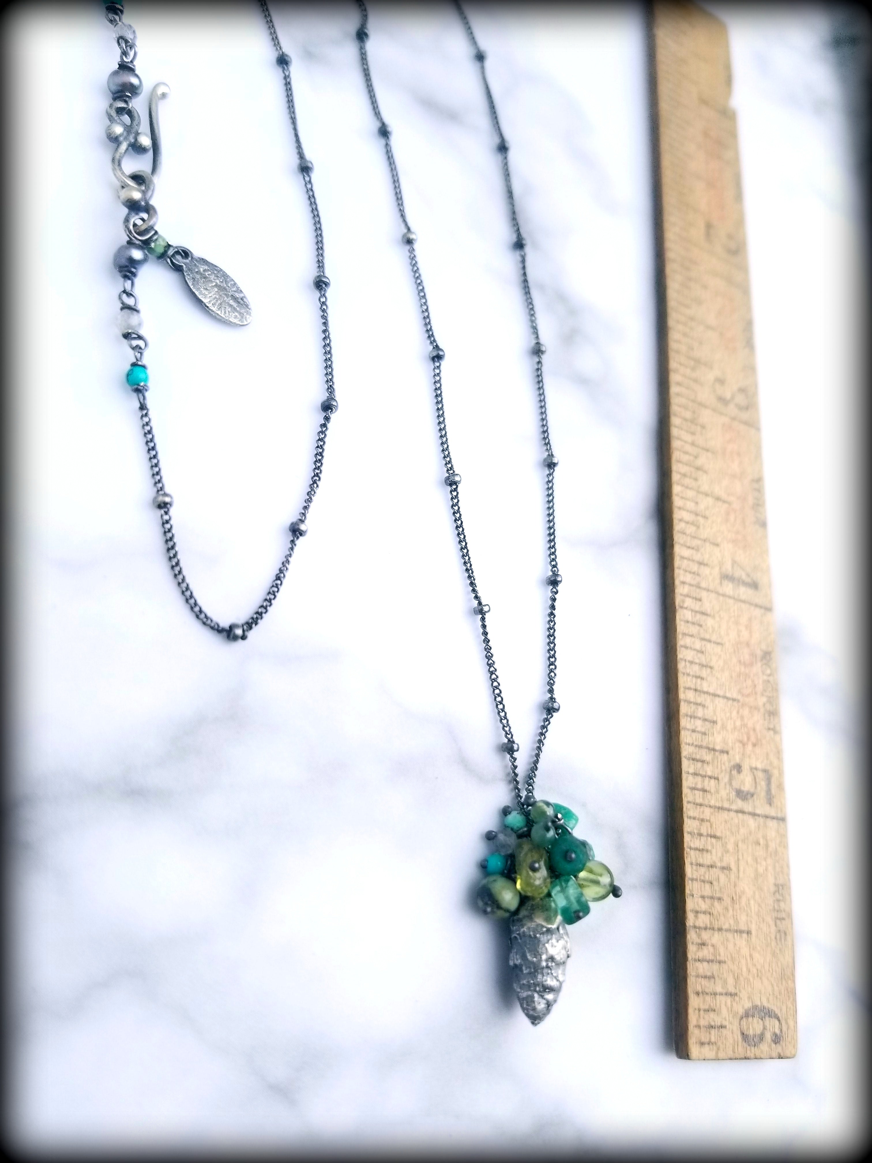 Petite Pine Cone Necklace, Gemstone Beaded Pine Cone, Silver Satellite Chain