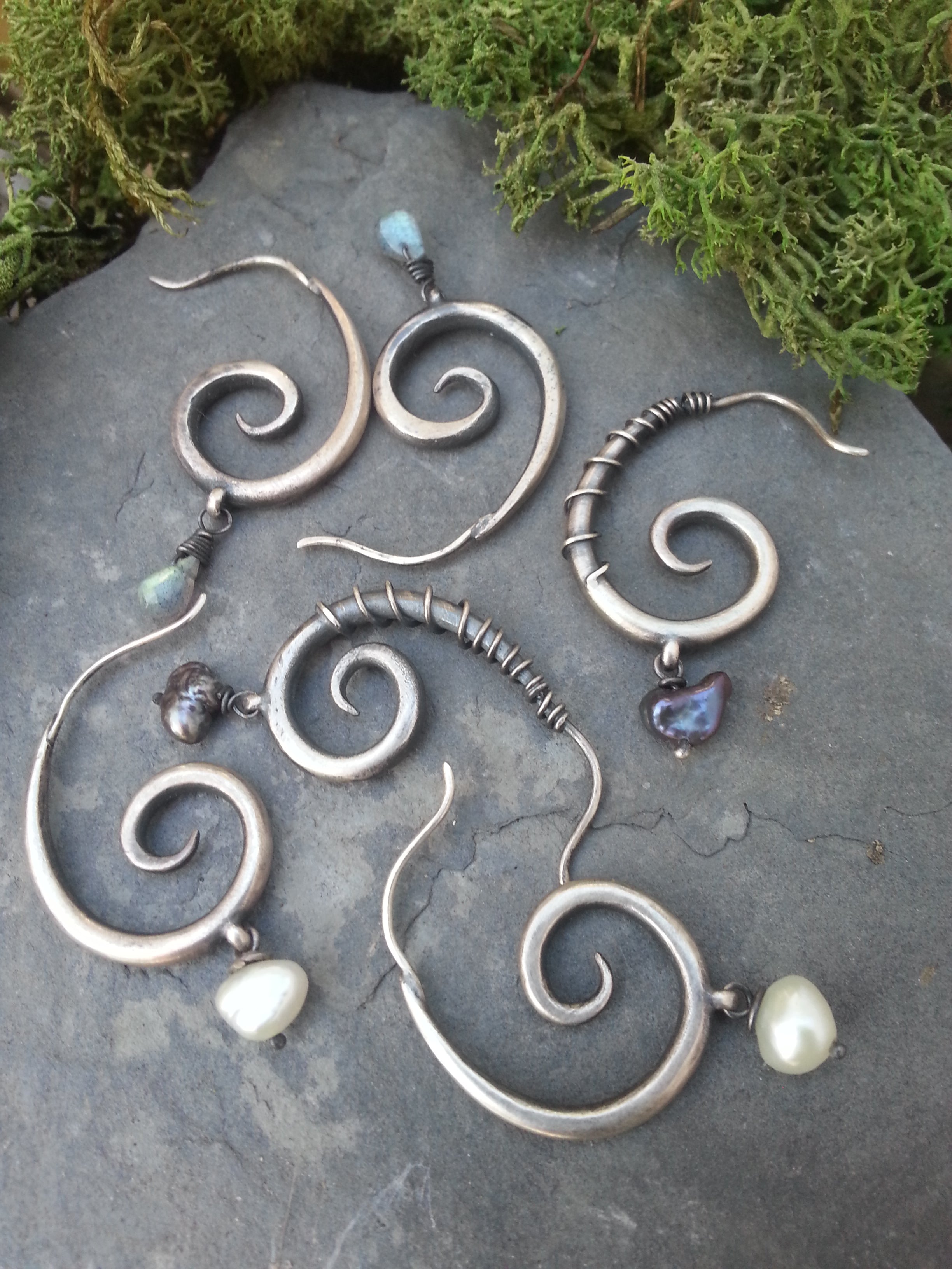 Tapered Spiral Hoops with Freshwater Pearls, Sterling