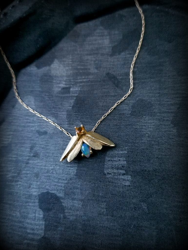 Twilight Firefly Necklace, 14k Gold, Two Gemstones